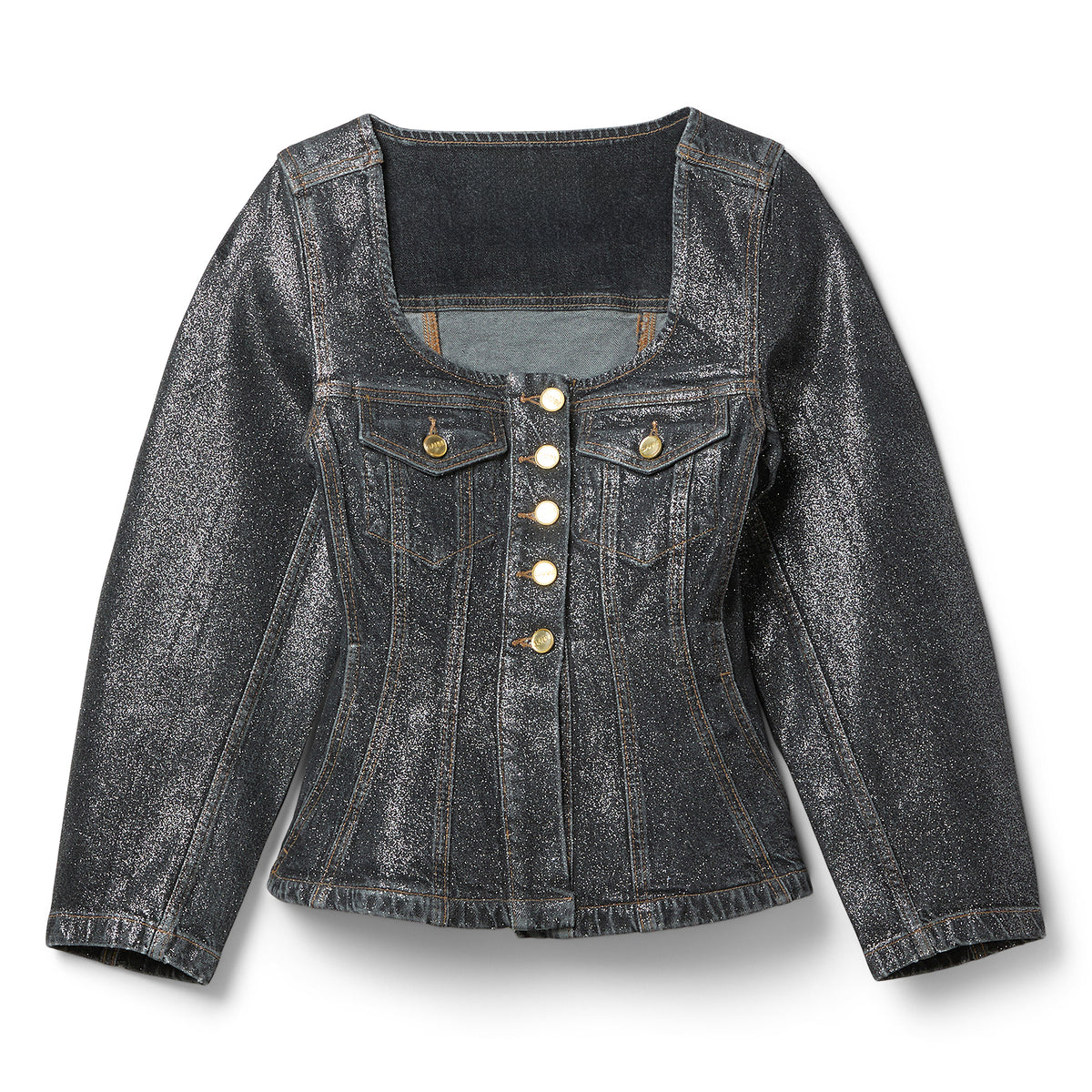 GANNI Shimmery Foil Denim Fitted Blazer (Washed Black/Black)