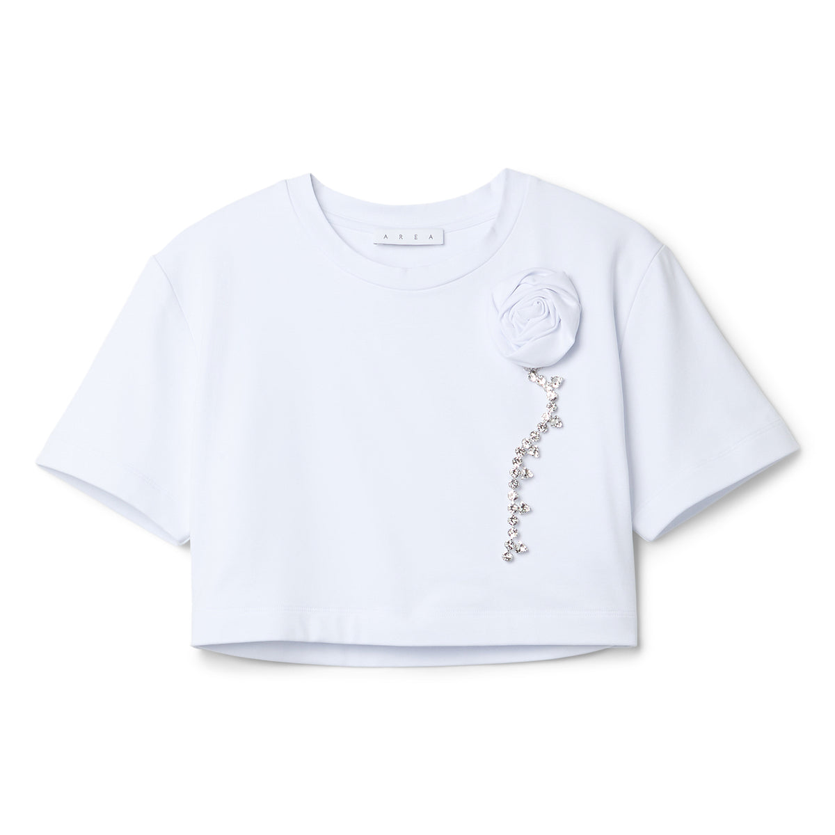 AREA Crystal Rosette Cropped T-Shirt (White)