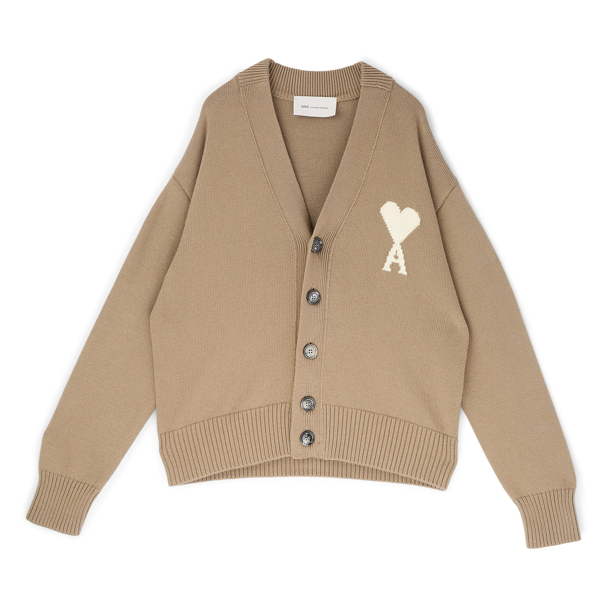 AMI Paris Cardigan With Contrasted AMI De Couer (Beige taupe/Ecru)
