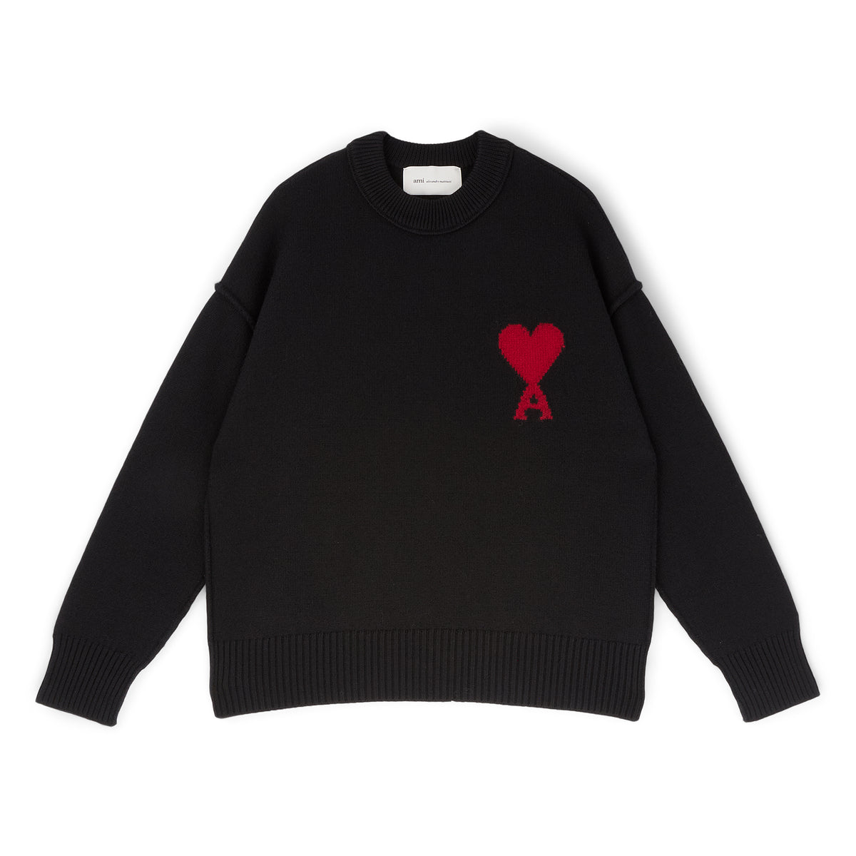 AMI Paris Crewneck Sweater With Contrasted AMI De Couer (Noir/Rouge)